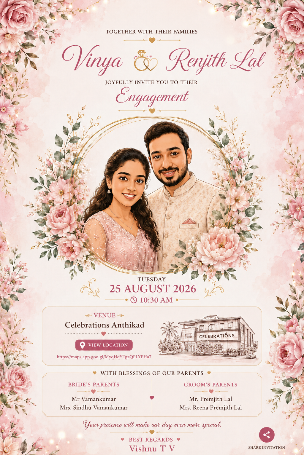 Vinya and Renjith Lal — engagement invitation artwork
